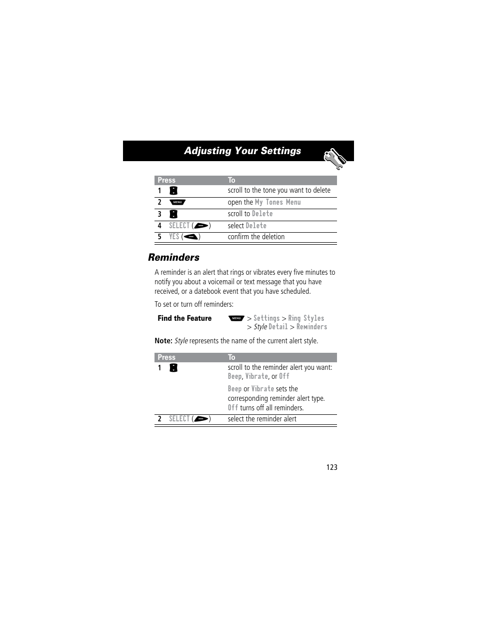 Adjusting your settings reminders | Motorola 60C User Manual | Page 125 / 190