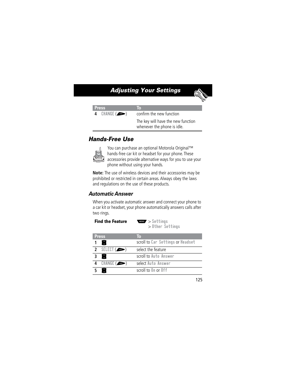 Adjusting your settings hands-free use | Motorola 60C User Manual | Page 127 / 190