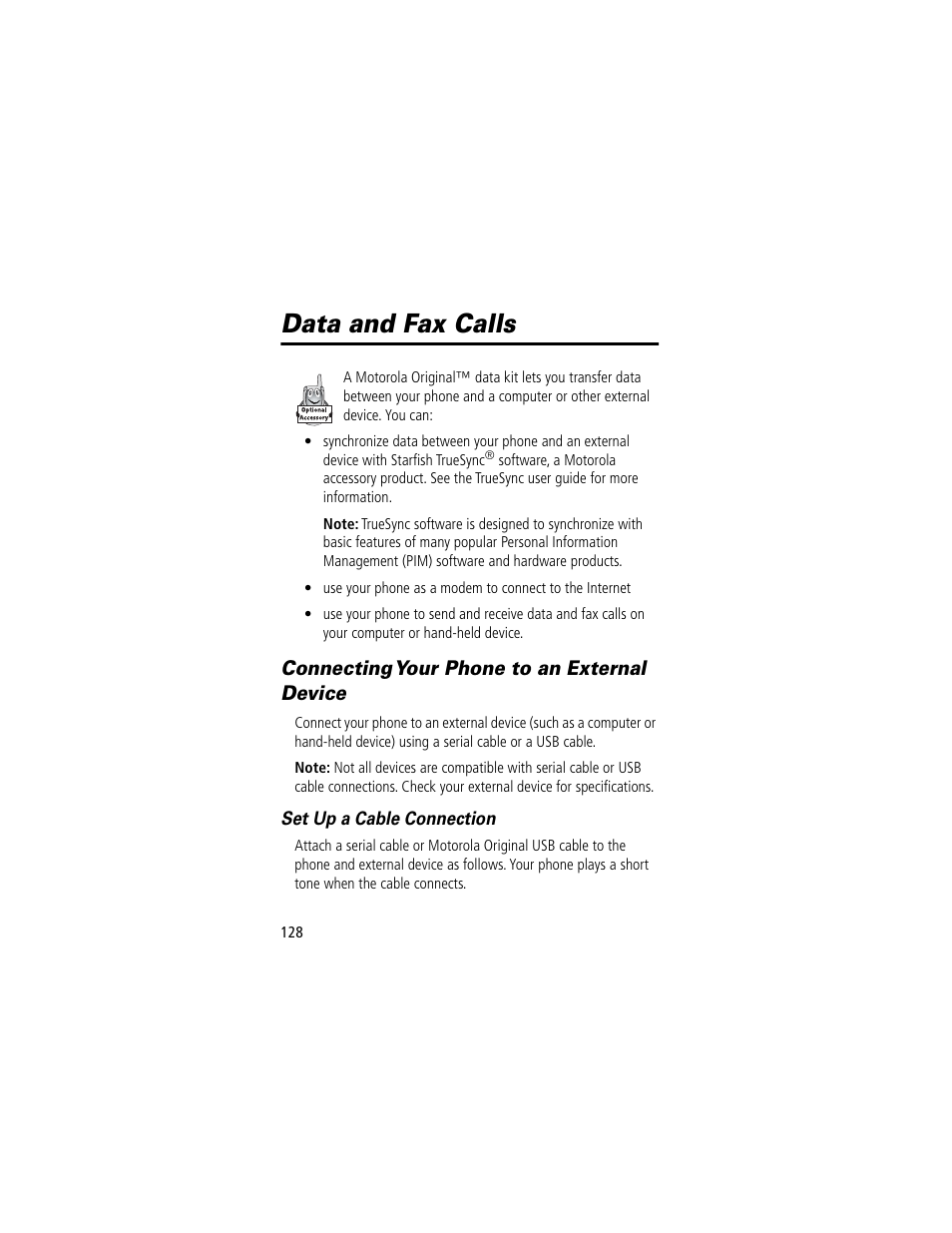 Data and fax calls, Connecting your phone to an external device | Motorola 60C User Manual | Page 130 / 190