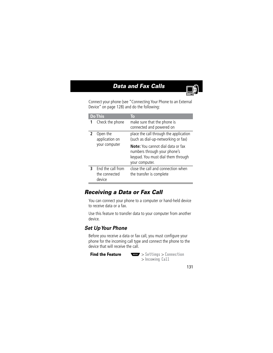 Data and fax calls, Receiving a data or fax call | Motorola 60C User Manual | Page 133 / 190
