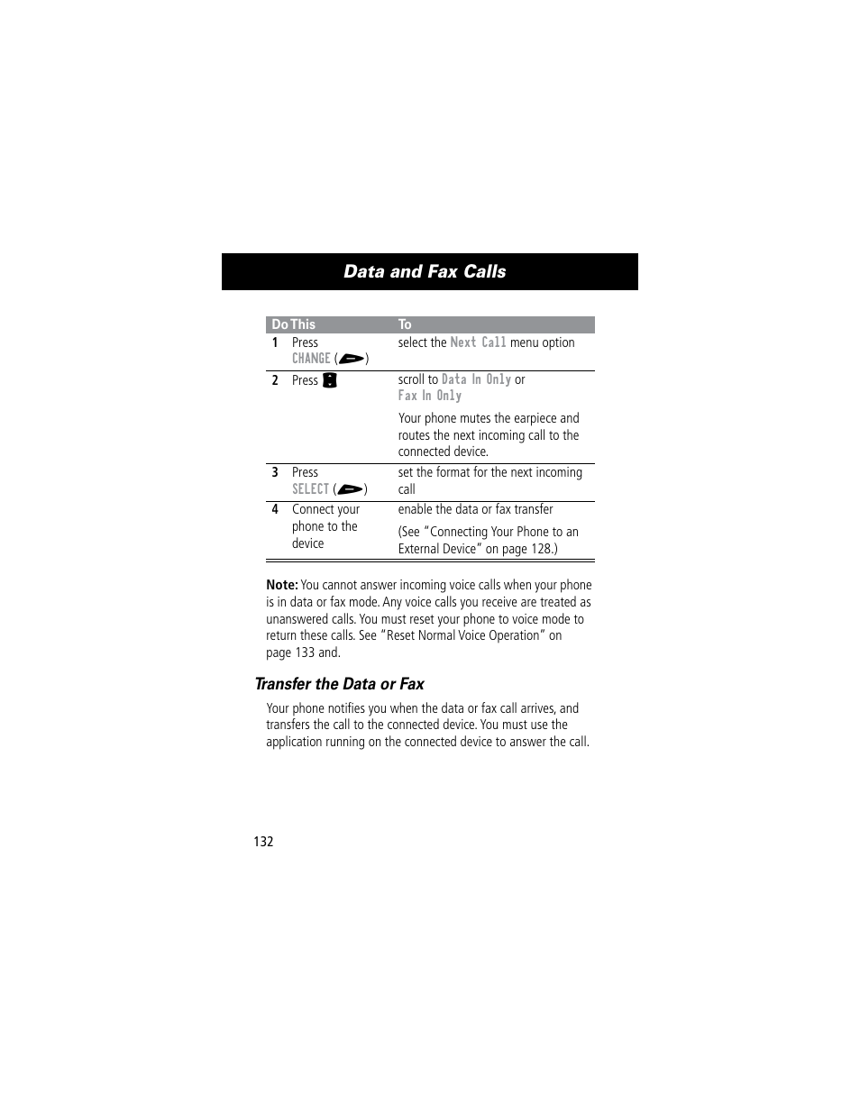 Data and fax calls | Motorola 60C User Manual | Page 134 / 190