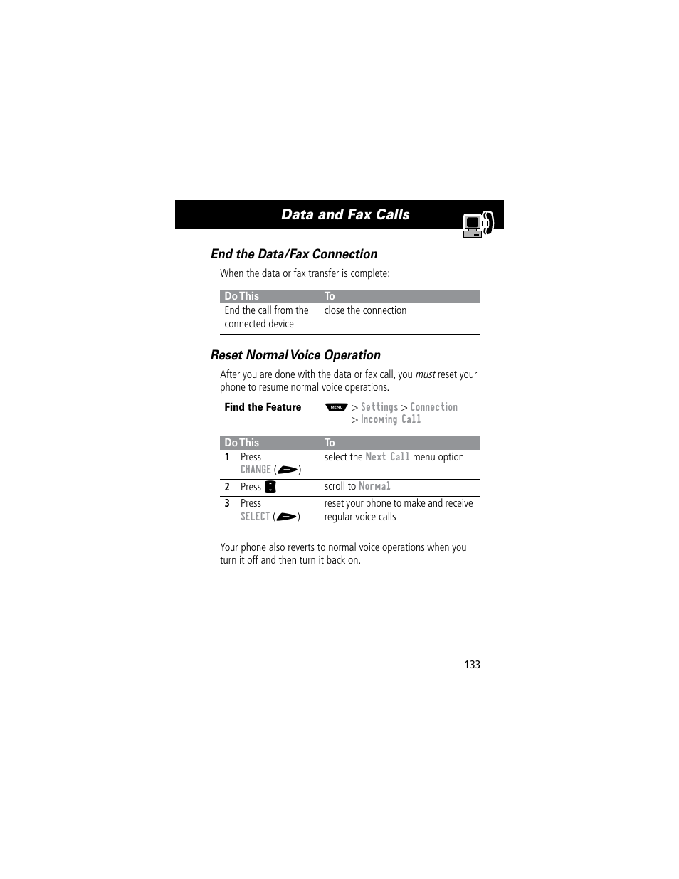 Data and fax calls | Motorola 60C User Manual | Page 135 / 190