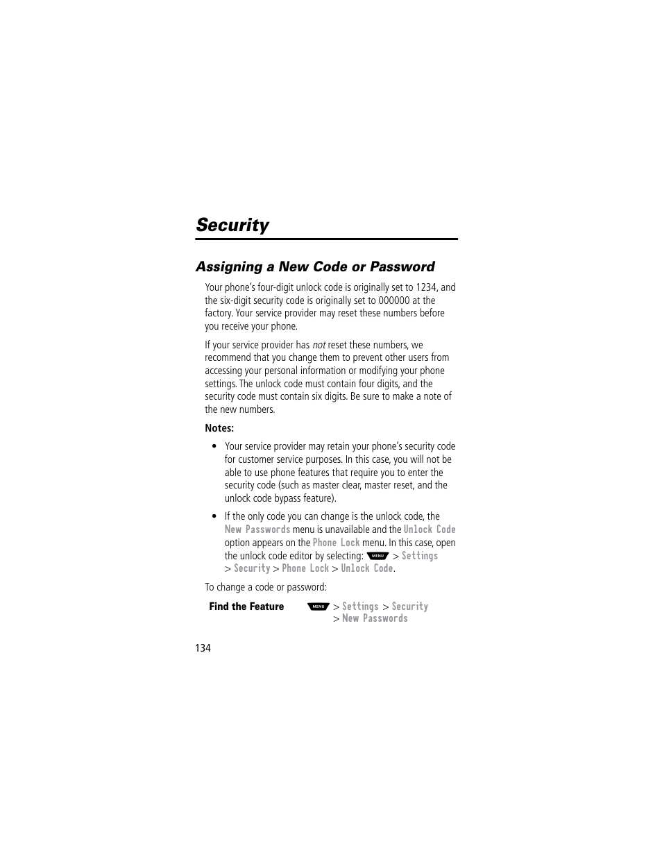 Security, Assigning a new code or password | Motorola 60C User Manual | Page 136 / 190