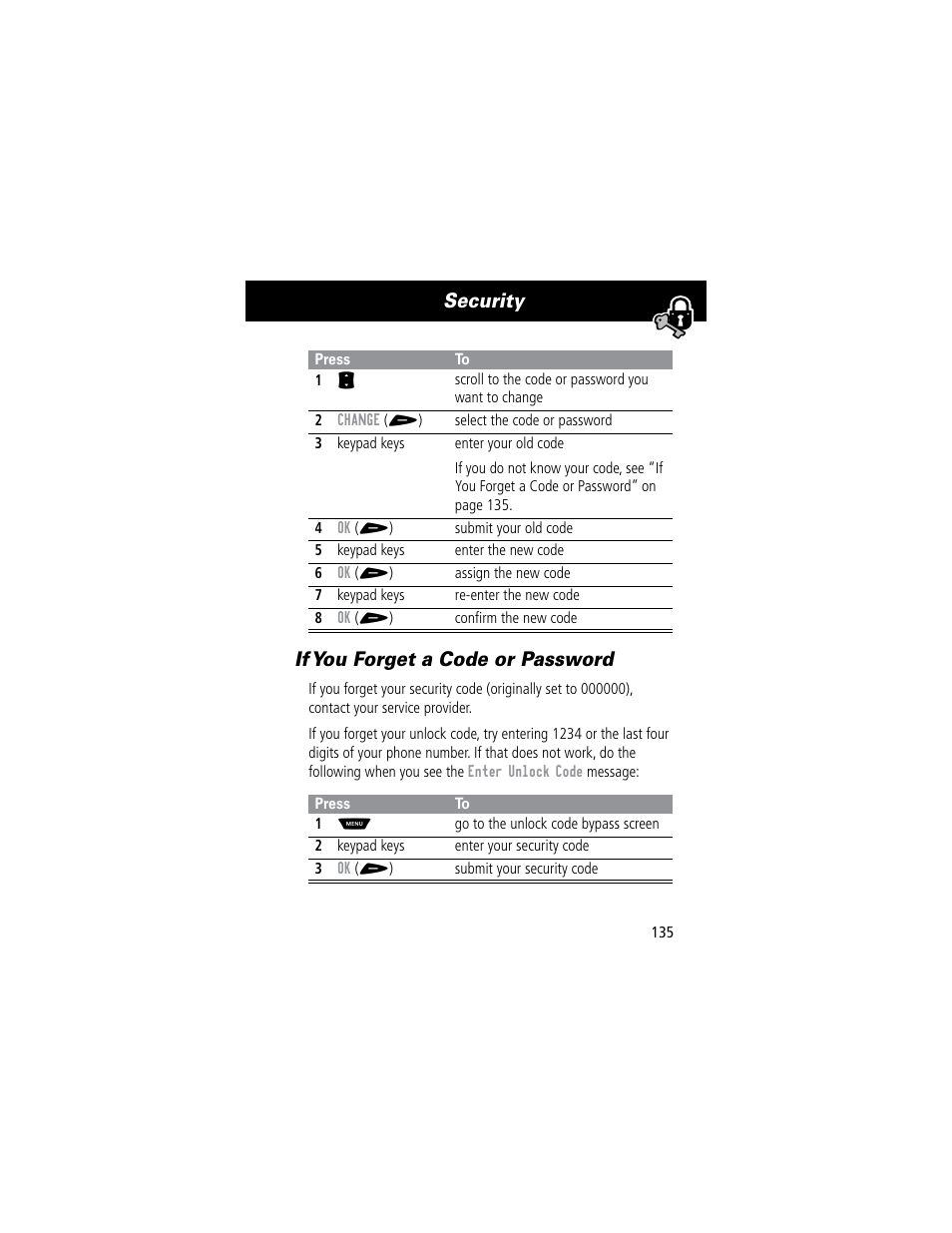 Security if you forget a code or password | Motorola 60C User Manual | Page 137 / 190