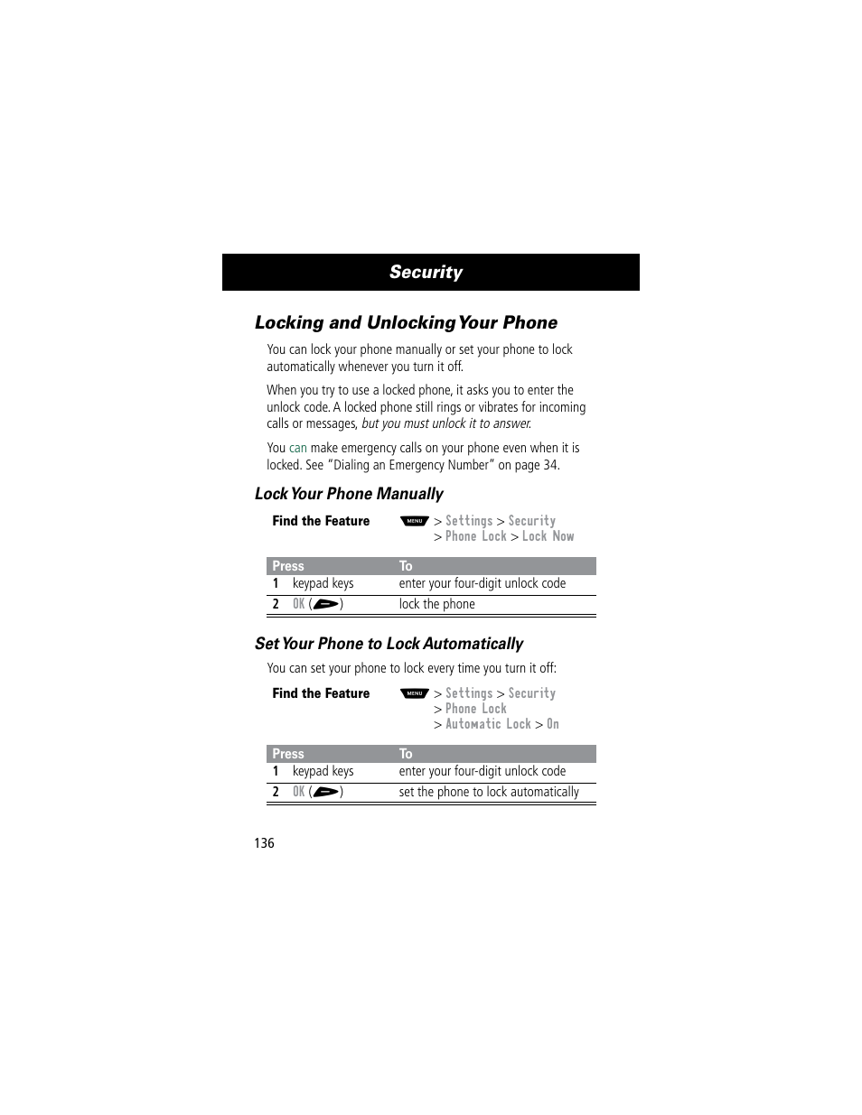 Security, Locking and unlocking your phone | Motorola 60C User Manual | Page 138 / 190