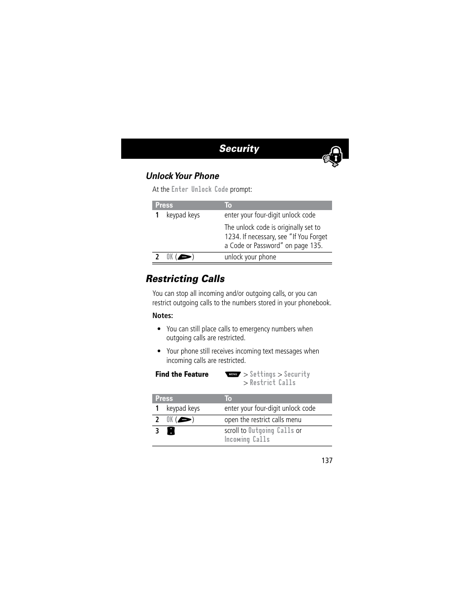 Security, Restricting calls | Motorola 60C User Manual | Page 139 / 190