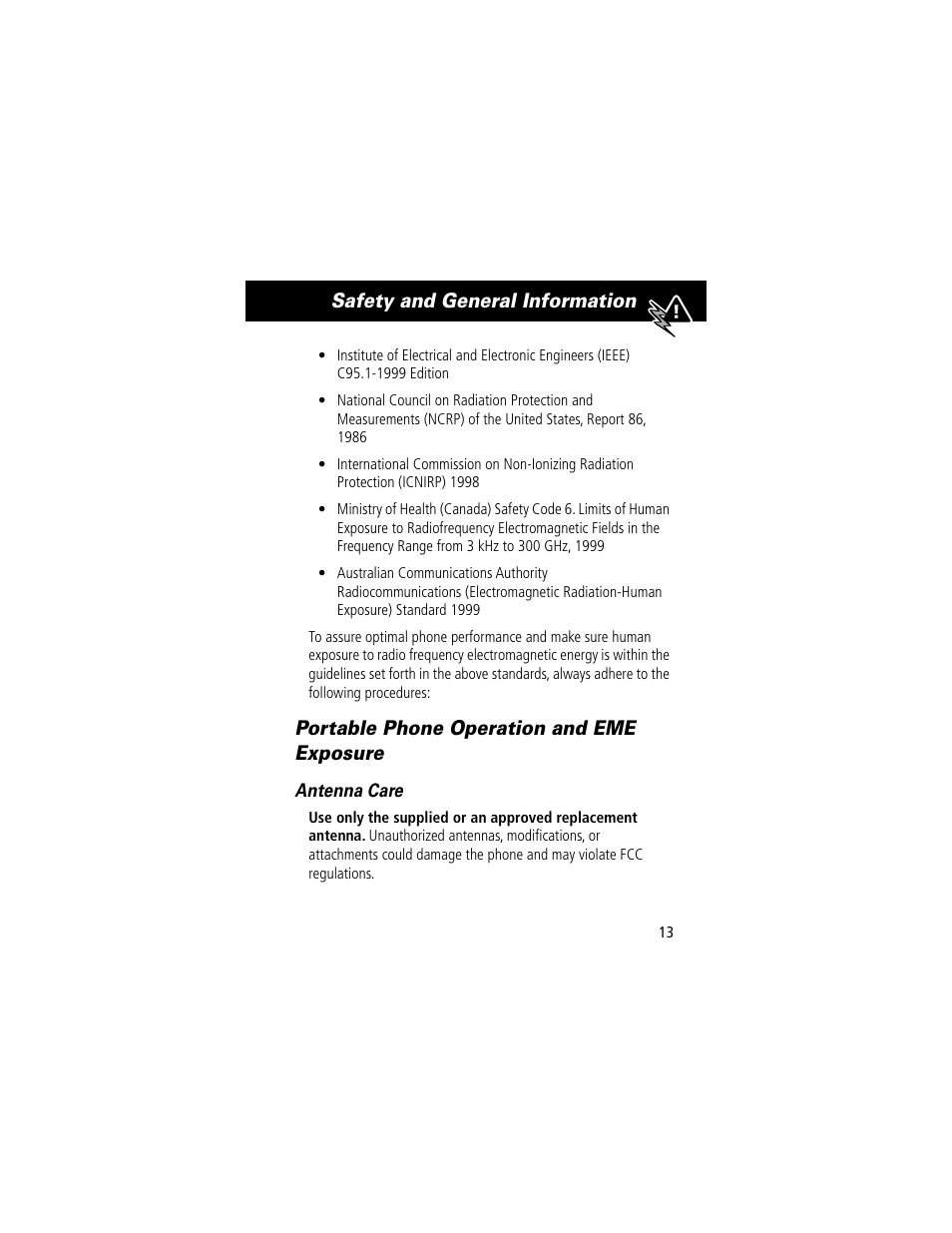 Safety and general information, Portable phone operation and eme exposure | Motorola 60C User Manual | Page 15 / 190