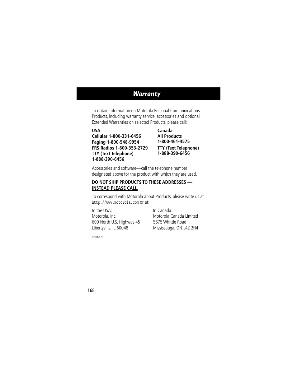 Warranty | Motorola 60C User Manual | Page 170 / 190