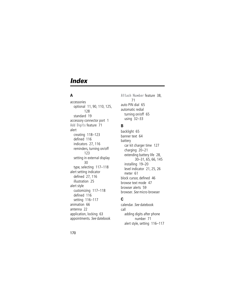 Index | Motorola 60C User Manual | Page 172 / 190