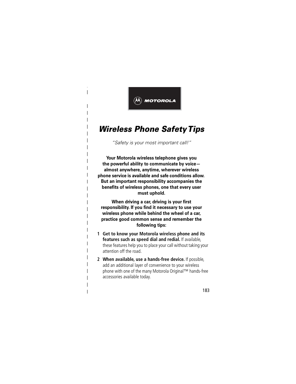 Wireless phone safety tips | Motorola 60C User Manual | Page 185 / 190