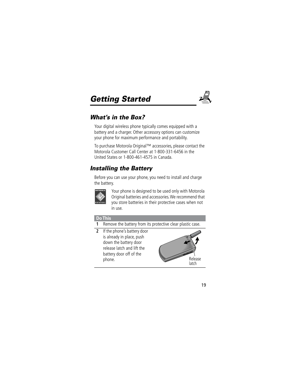 Getting started, What’s in the box, Installing the battery | Motorola 60C User Manual | Page 21 / 190