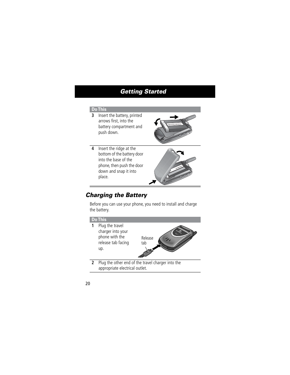 Getting started, Charging the battery | Motorola 60C User Manual | Page 22 / 190