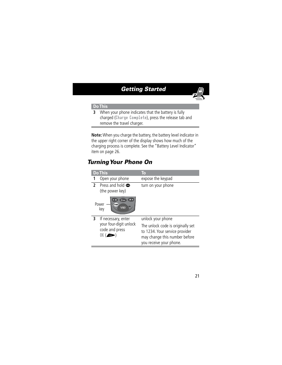 Getting started, Turning your phone on | Motorola 60C User Manual | Page 23 / 190