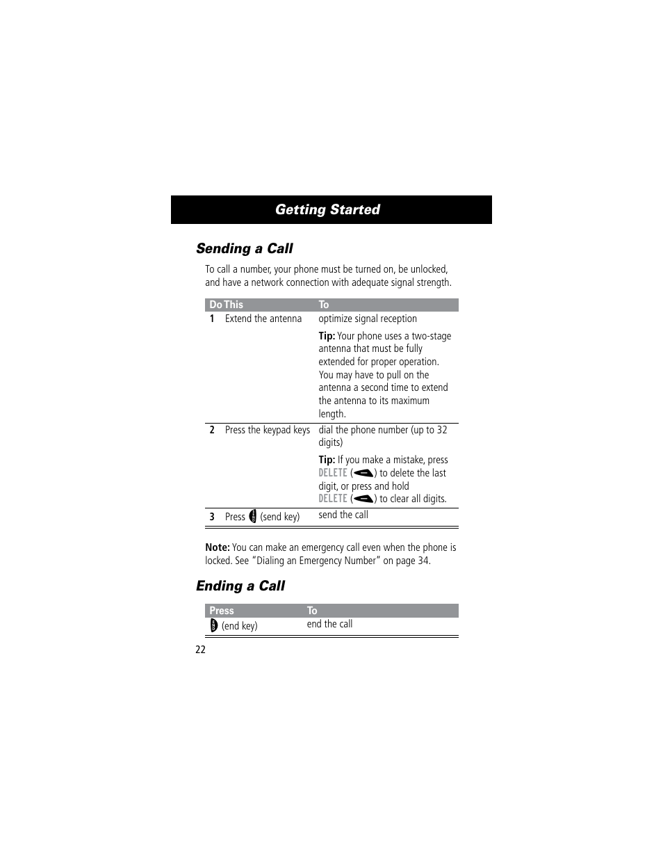 Getting started, Sending a call, Ending a call | Motorola 60C User Manual | Page 24 / 190