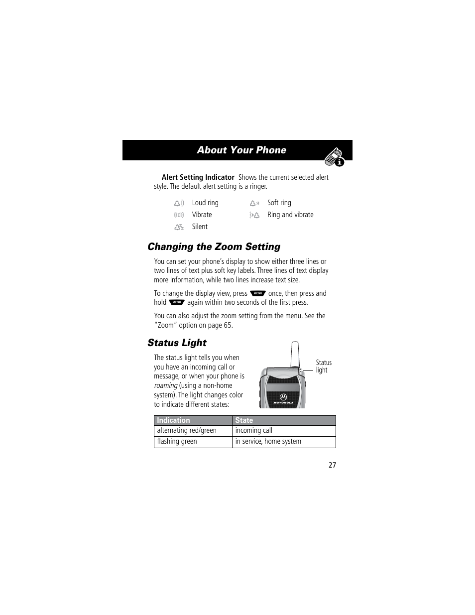 About your phone, Changing the zoom setting, Status light | Motorola 60C User Manual | Page 29 / 190