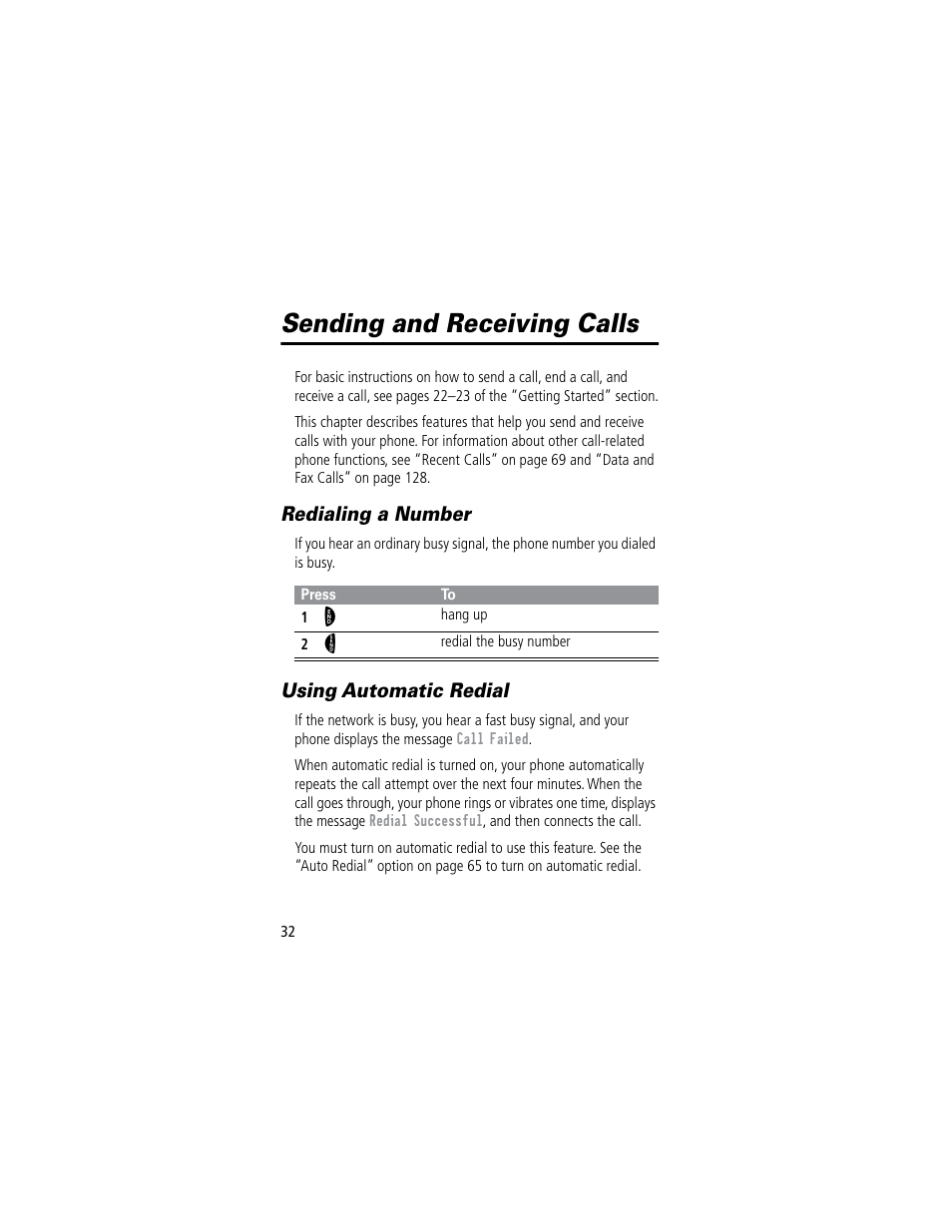 Sending and receiving calls, Redialing a number, Using automatic redial | Motorola 60C User Manual | Page 34 / 190