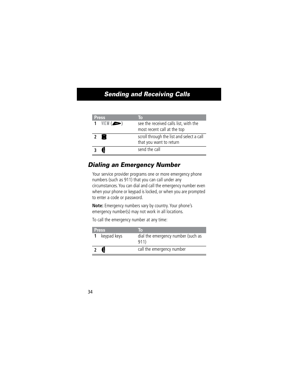 Sending and receiving calls, Dialing an emergency number | Motorola 60C User Manual | Page 36 / 190