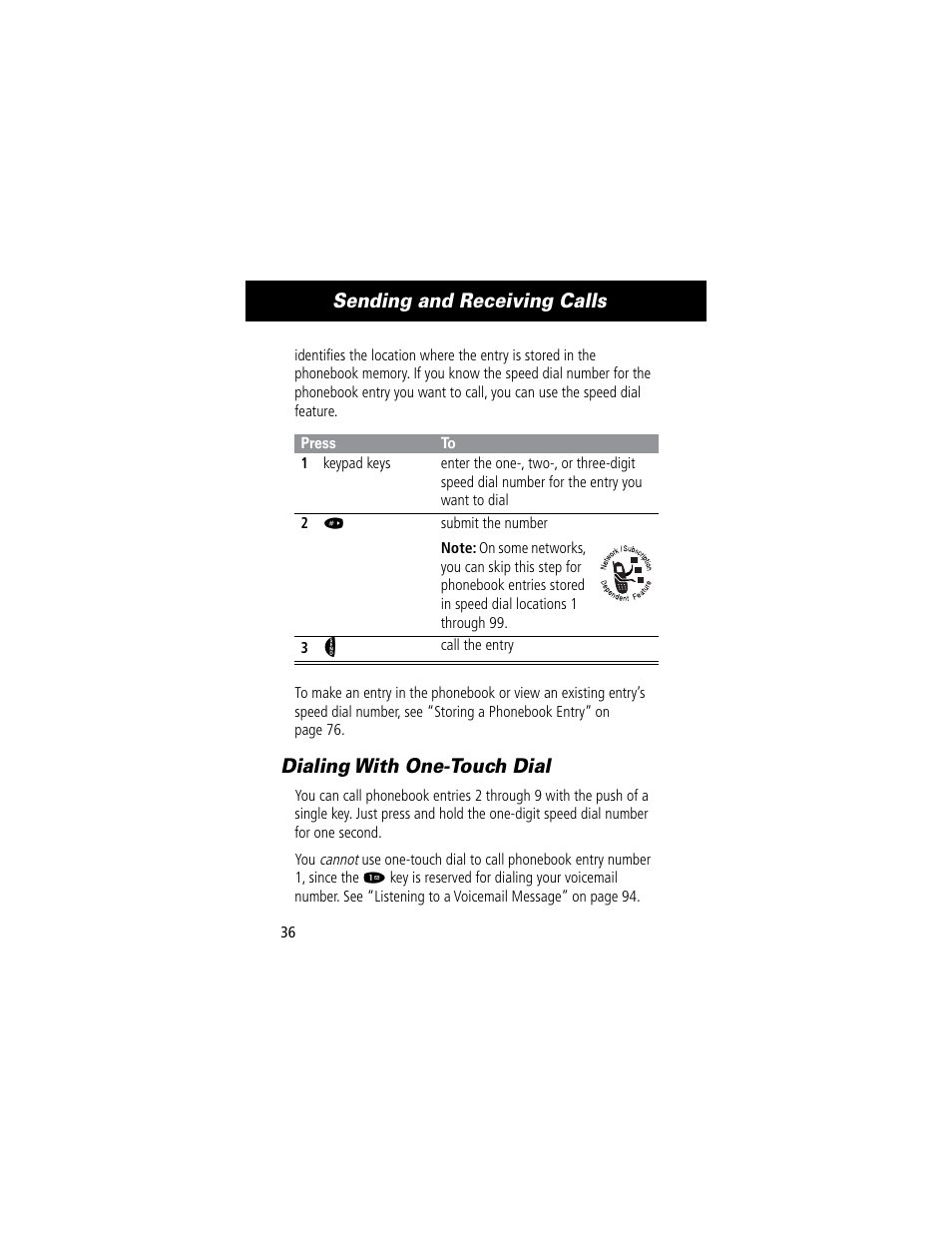 Sending and receiving calls, Dialing with one-touch dial | Motorola 60C User Manual | Page 38 / 190