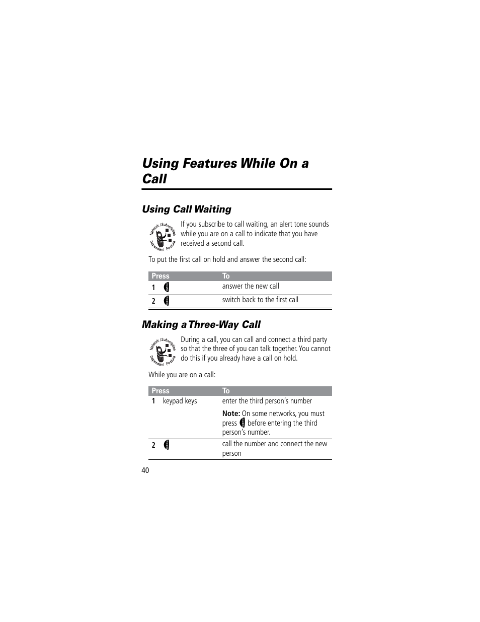 Using features while on a call, Using call waiting, Making a three-way call | Motorola 60C User Manual | Page 42 / 190