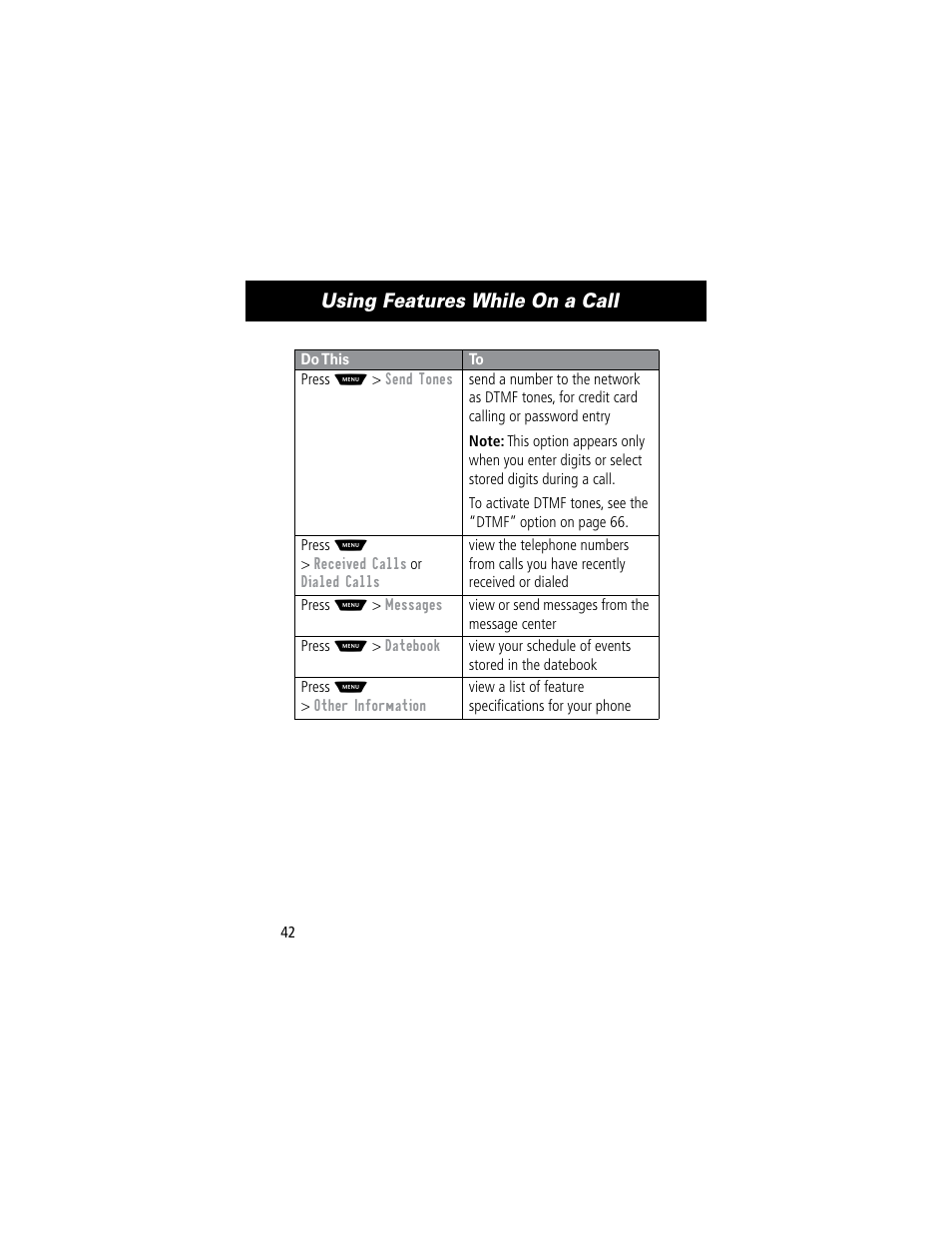 Using features while on a call | Motorola 60C User Manual | Page 44 / 190