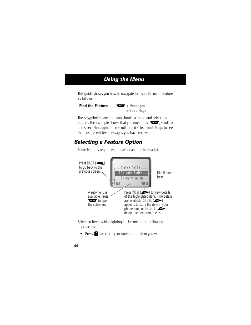 Using the menu, Selecting a feature option | Motorola 60C User Manual | Page 46 / 190