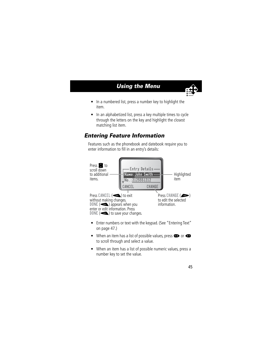 Using the menu, Entering feature information | Motorola 60C User Manual | Page 47 / 190