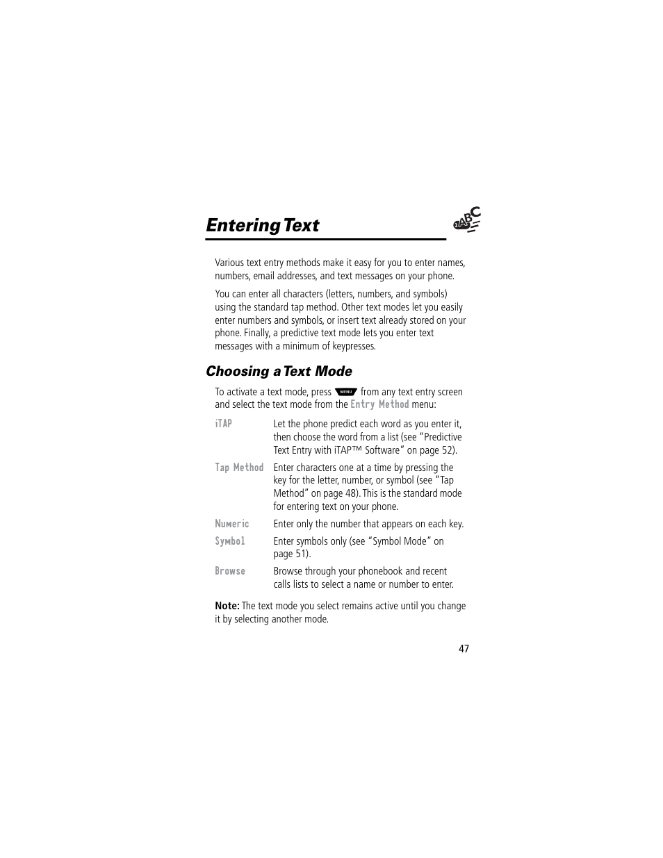 Entering text, Choosing a text mode | Motorola 60C User Manual | Page 49 / 190