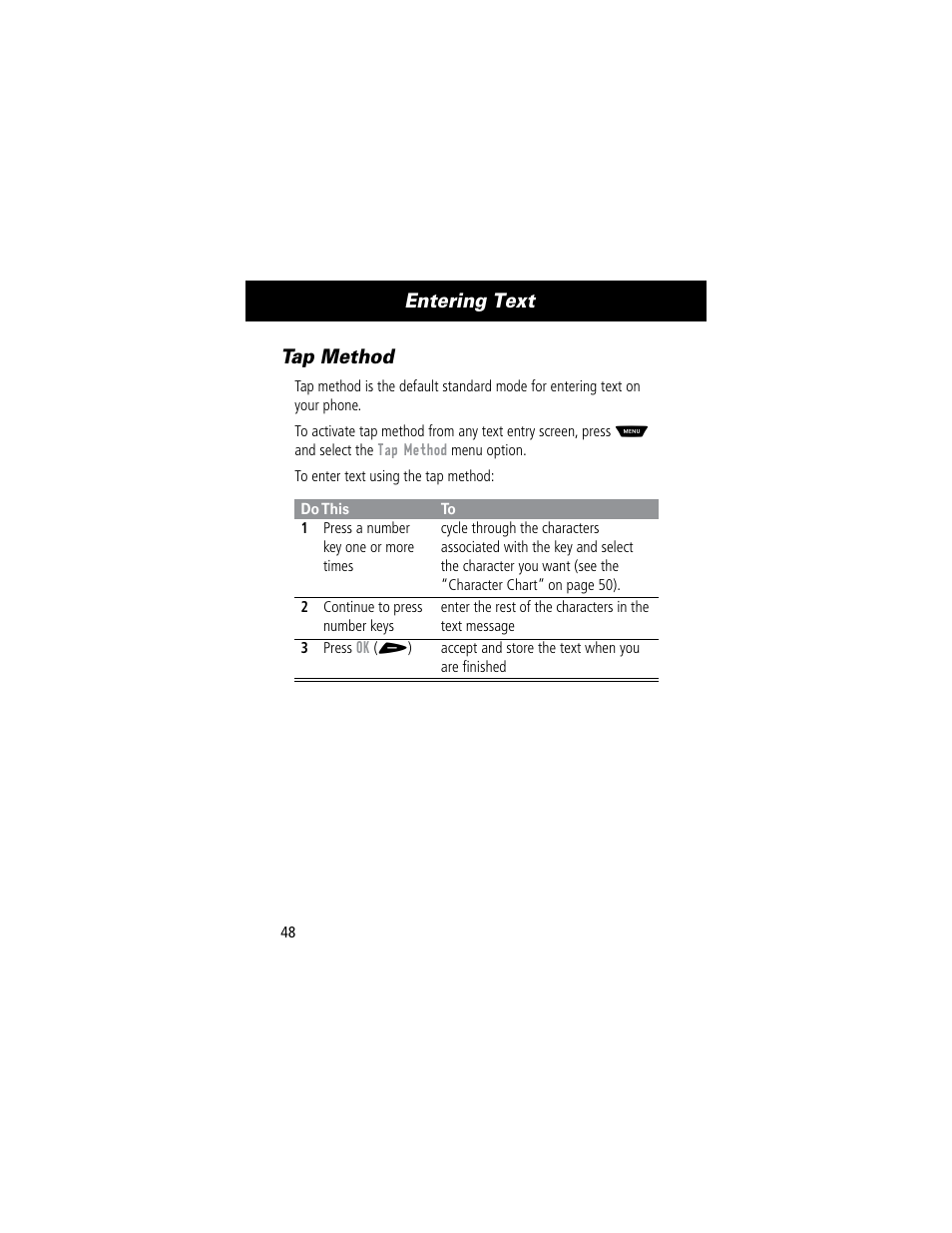 Entering text, Tap method | Motorola 60C User Manual | Page 50 / 190