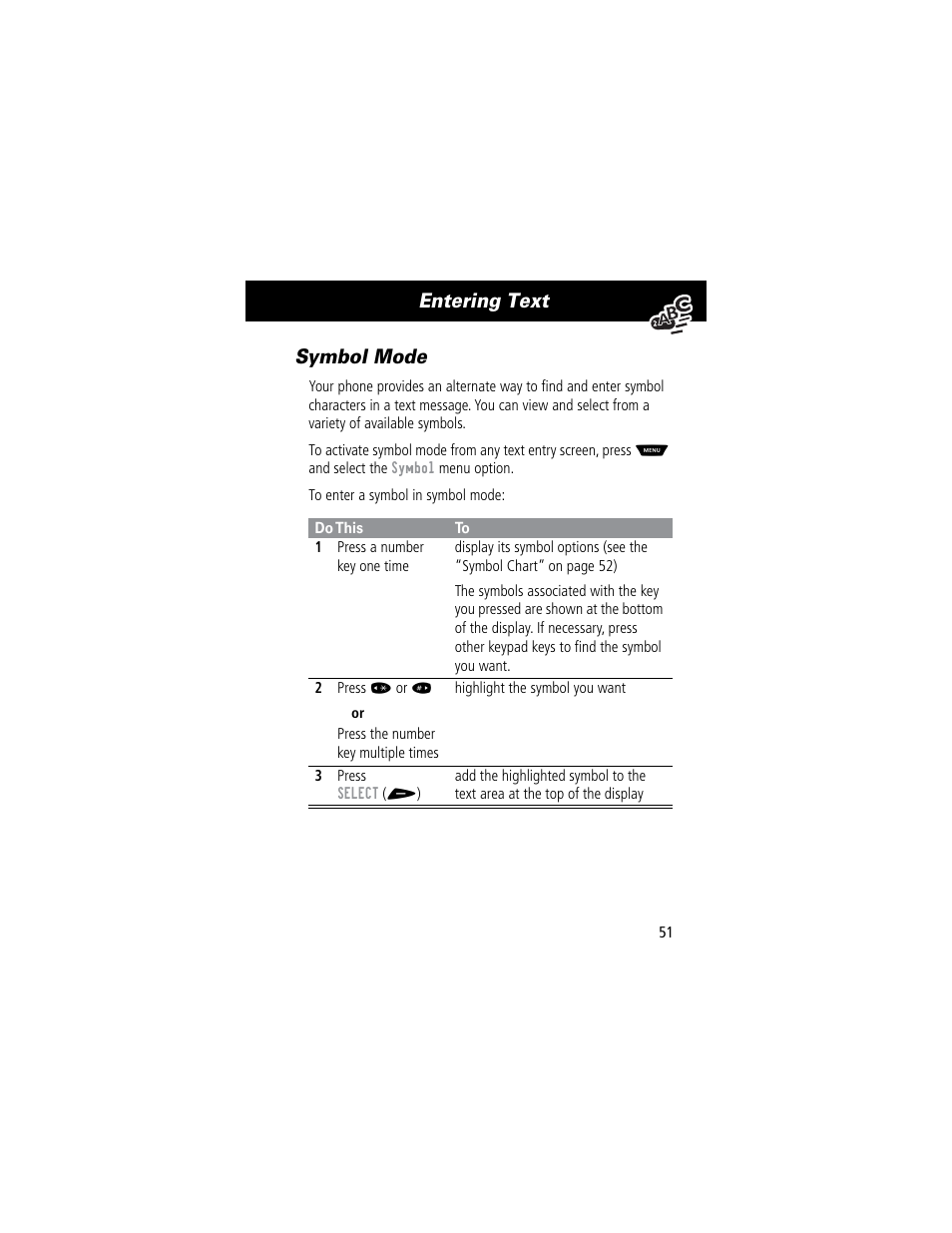 Entering text symbol mode | Motorola 60C User Manual | Page 53 / 190