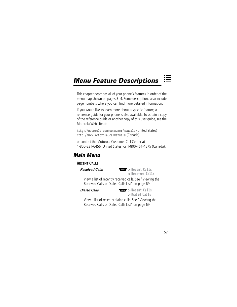 Menu feature descriptions, Main menu | Motorola 60C User Manual | Page 59 / 190