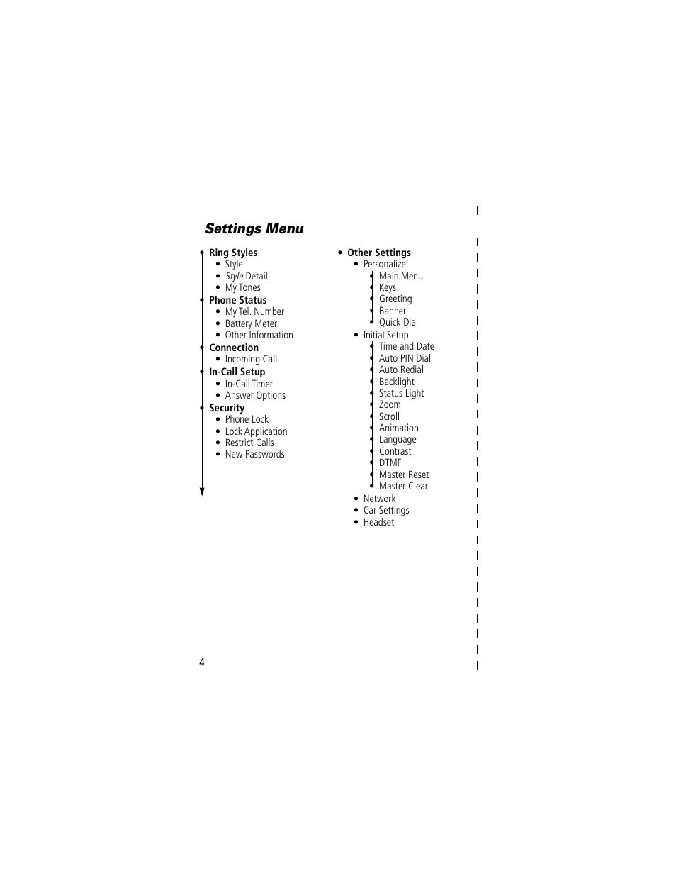 Settings menu | Motorola 60C User Manual | Page 6 / 190