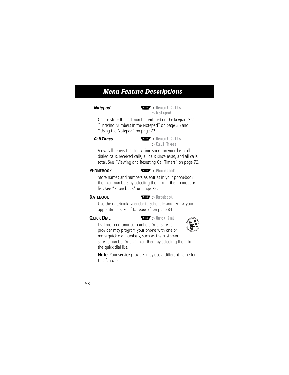 Menu feature descriptions | Motorola 60C User Manual | Page 60 / 190
