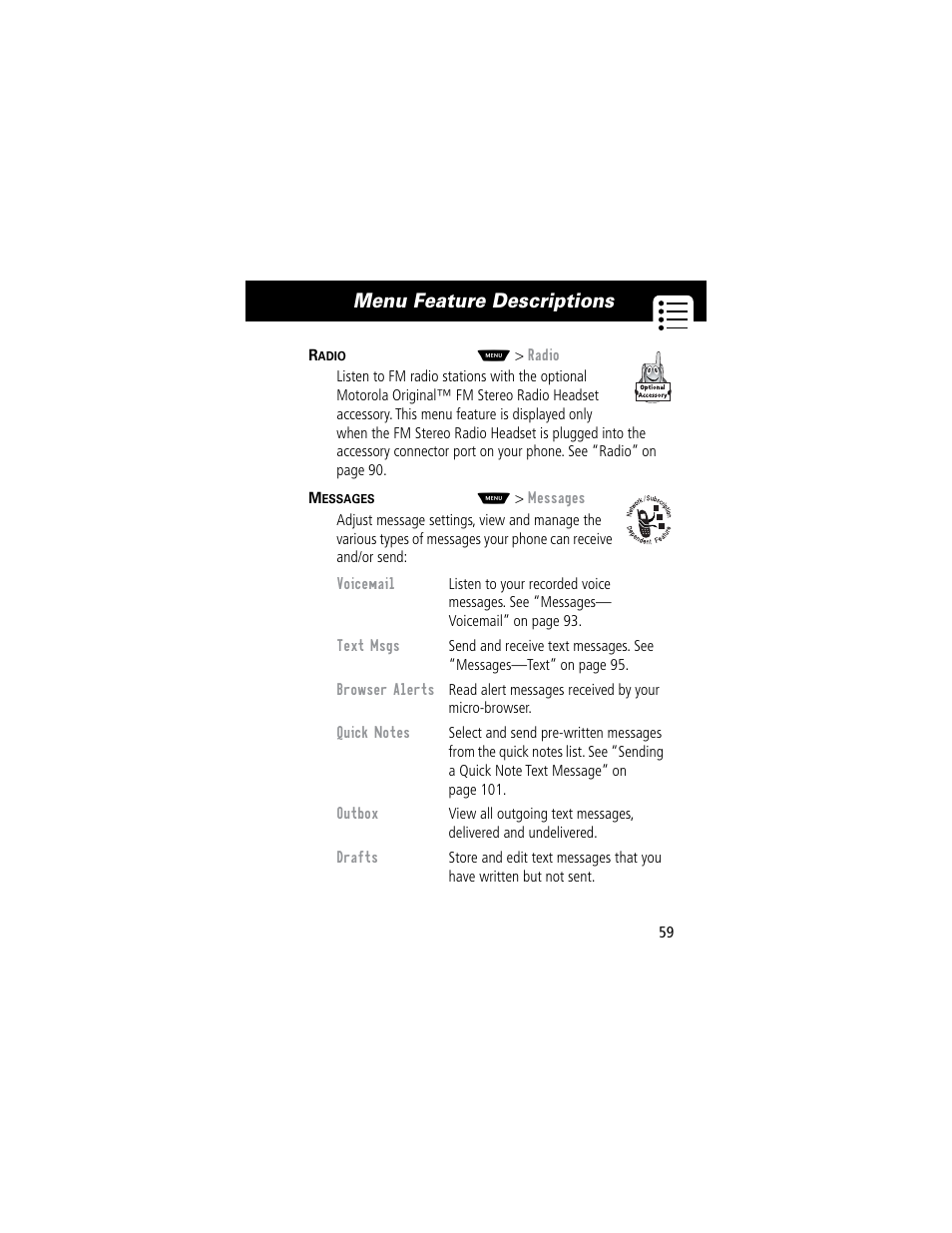 Menu feature descriptions | Motorola 60C User Manual | Page 61 / 190
