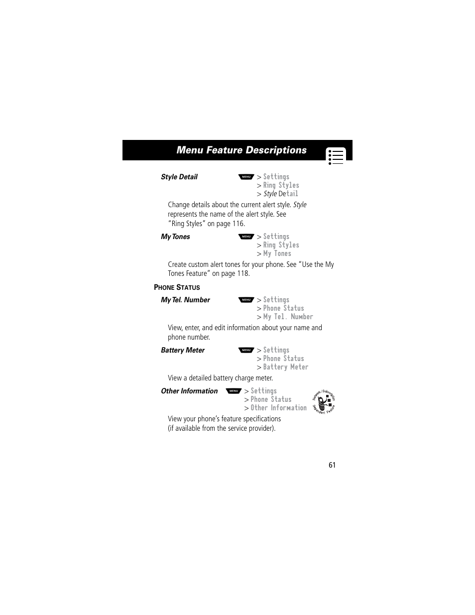 Menu feature descriptions | Motorola 60C User Manual | Page 63 / 190