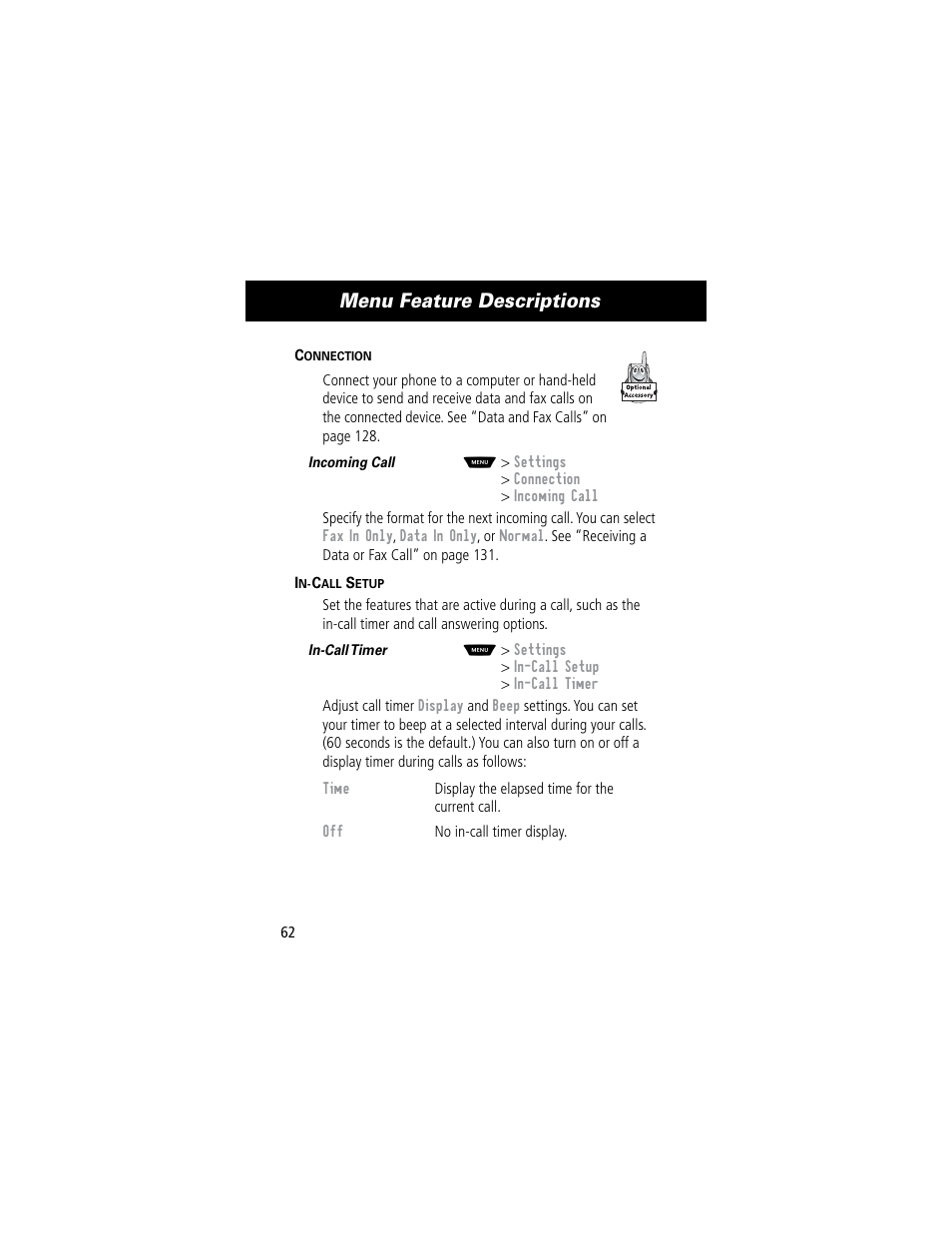Menu feature descriptions | Motorola 60C User Manual | Page 64 / 190