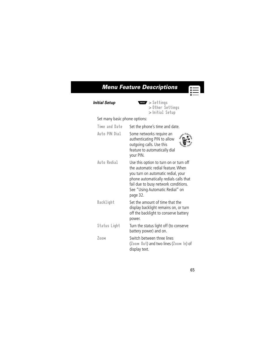 Menu feature descriptions | Motorola 60C User Manual | Page 67 / 190