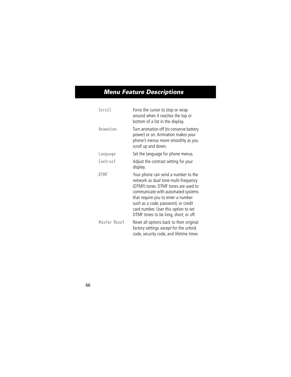 Menu feature descriptions | Motorola 60C User Manual | Page 68 / 190