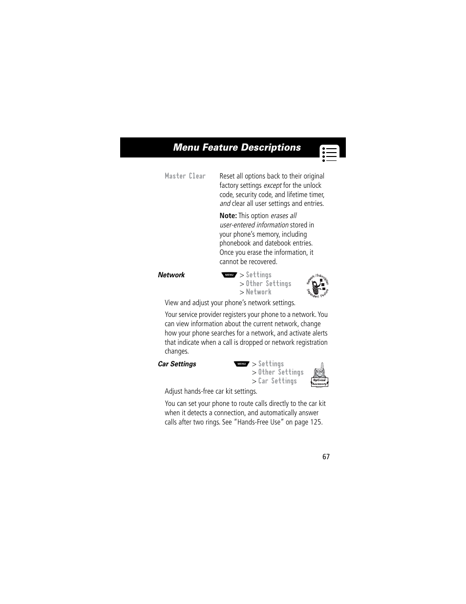 Menu feature descriptions | Motorola 60C User Manual | Page 69 / 190
