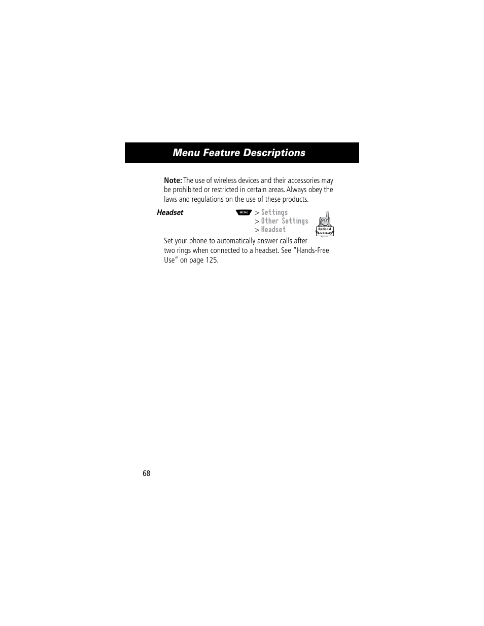 Menu feature descriptions | Motorola 60C User Manual | Page 70 / 190