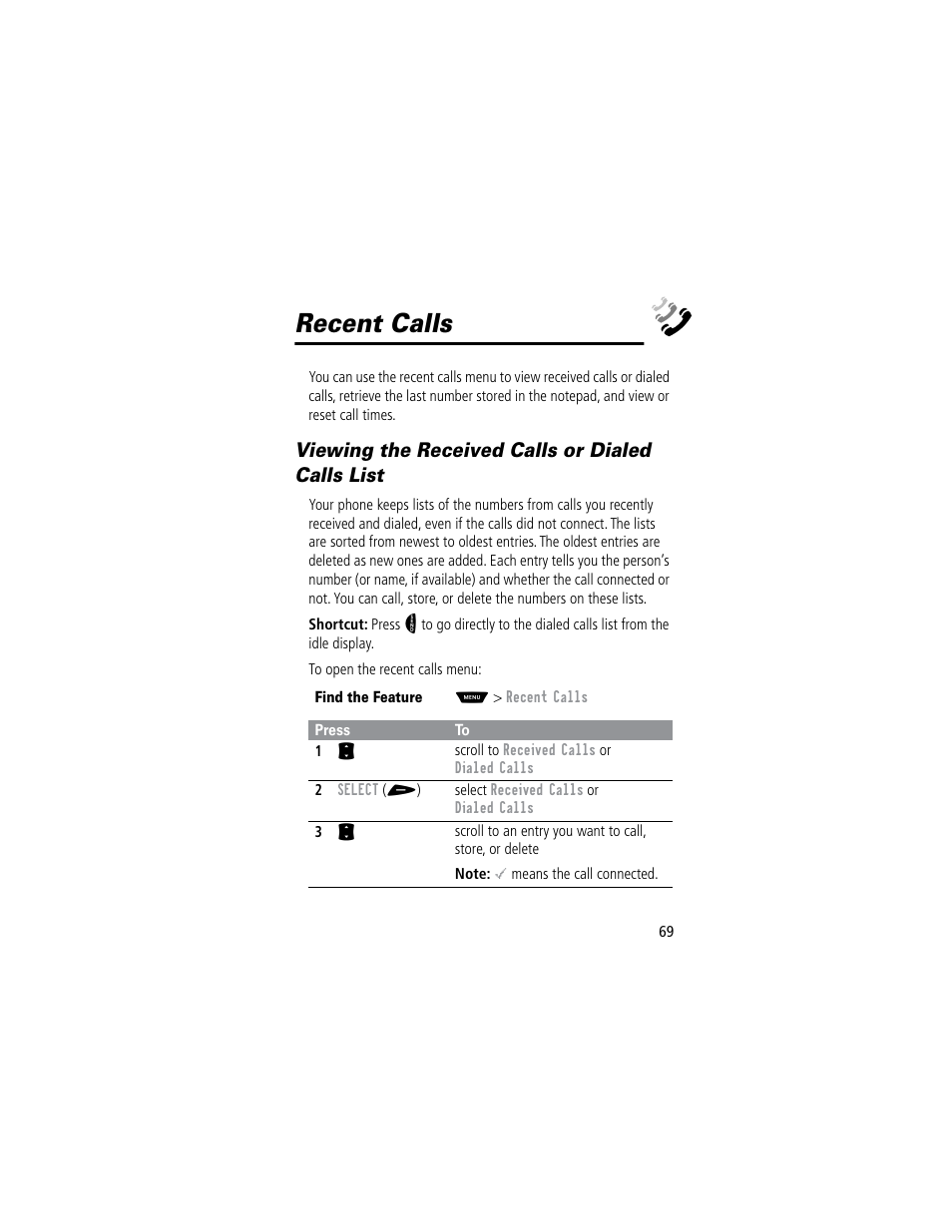 Recent calls, Viewing the received calls or dialed calls list | Motorola 60C User Manual | Page 71 / 190