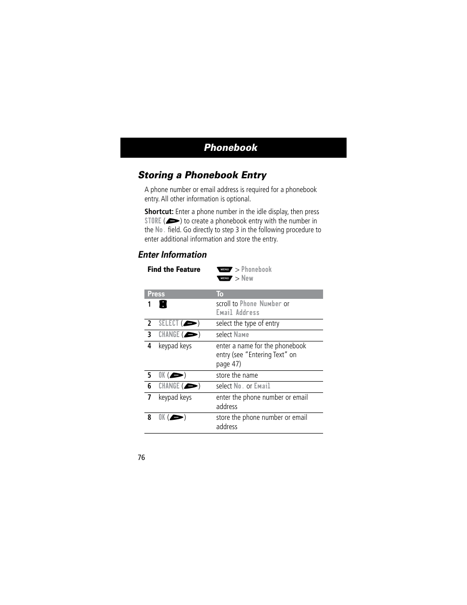 Phonebook, Storing a phonebook entry | Motorola 60C User Manual | Page 78 / 190