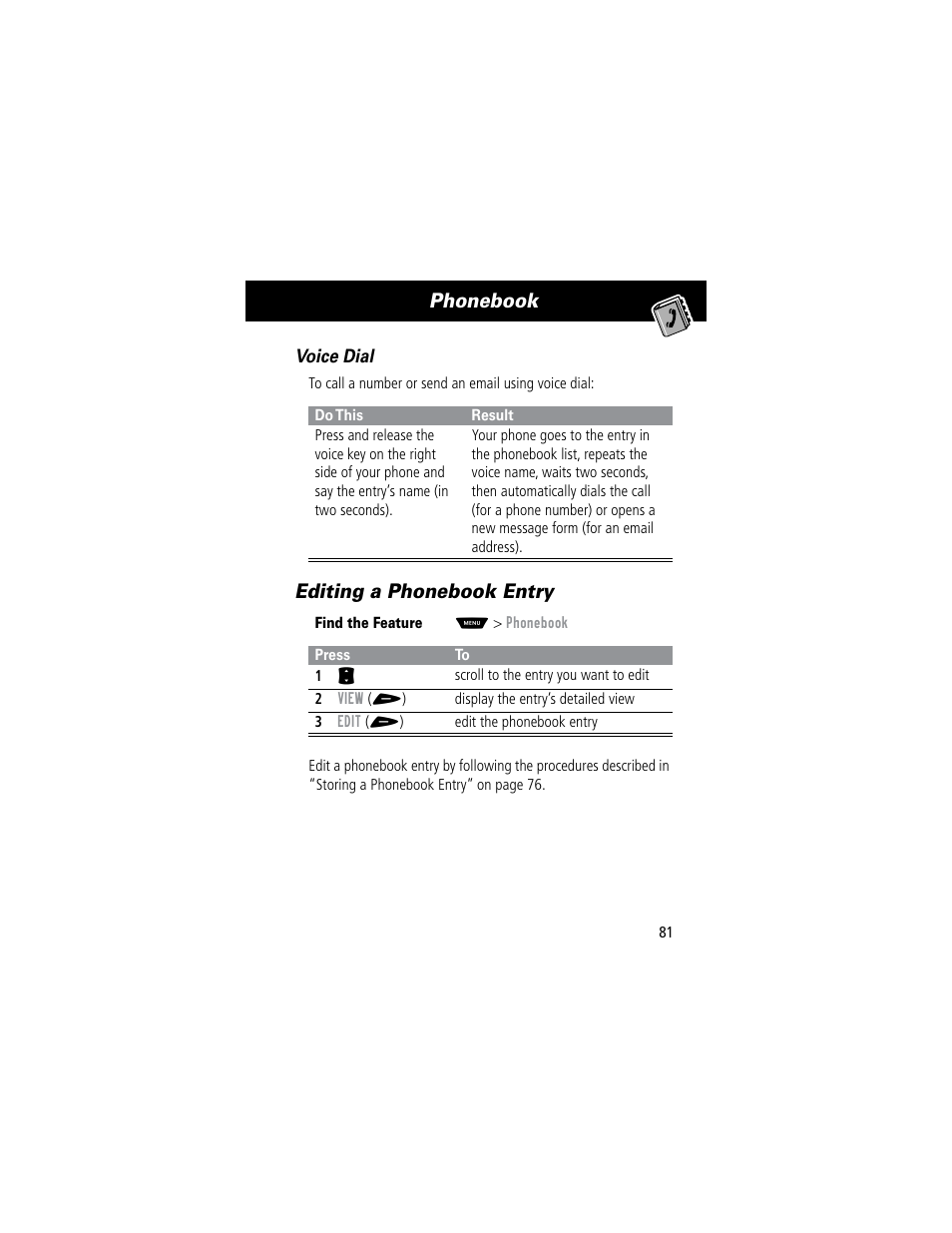 Phonebook, Editing a phonebook entry | Motorola 60C User Manual | Page 83 / 190