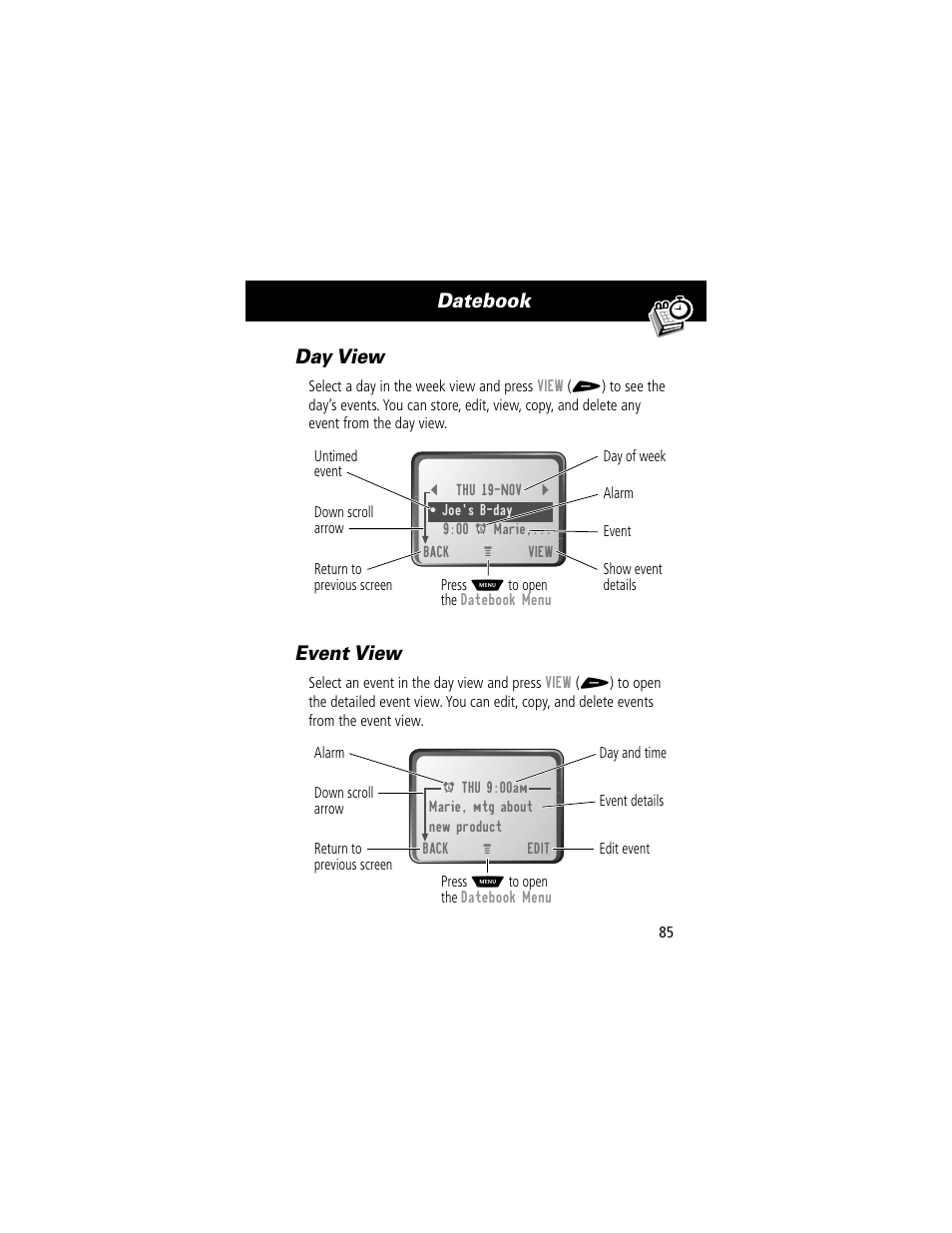 Datebook day view, Event view | Motorola 60C User Manual | Page 87 / 190