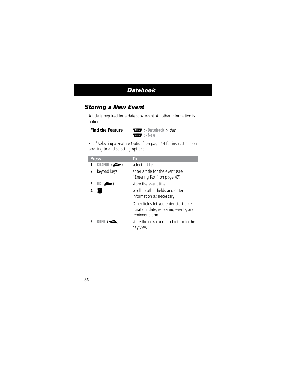 Datebook, Storing a new event | Motorola 60C User Manual | Page 88 / 190