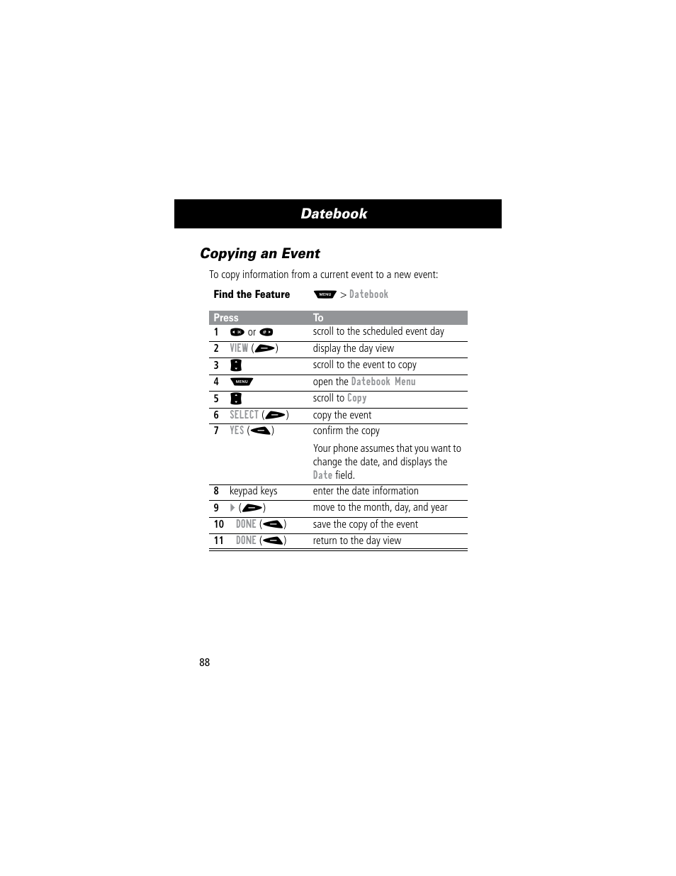 Datebook, Copying an event | Motorola 60C User Manual | Page 90 / 190