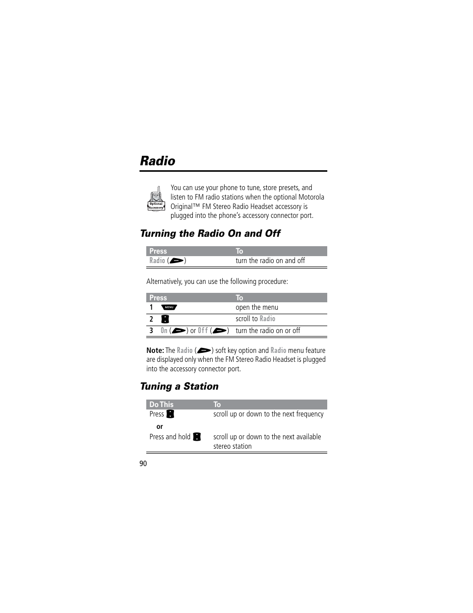 Radio, Turning the radio on and off, Tuning a station | Motorola 60C User Manual | Page 92 / 190