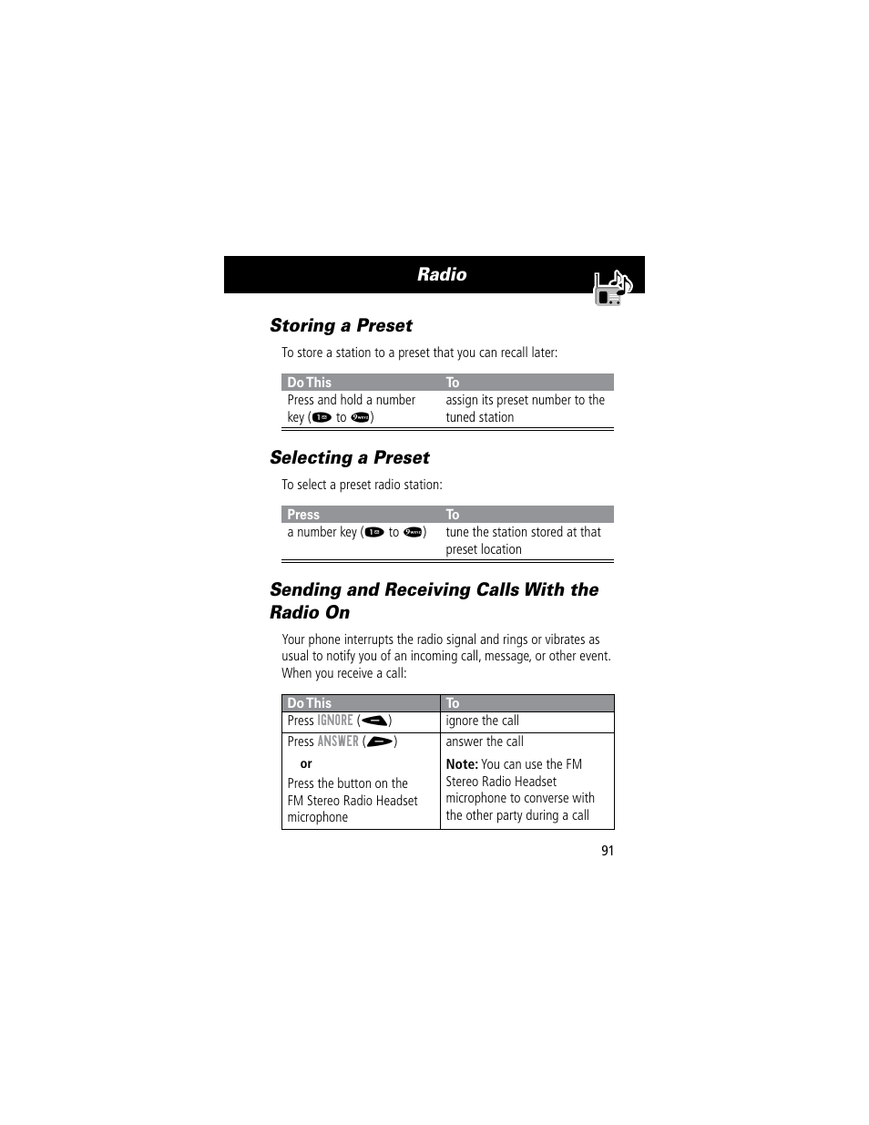 Radio storing a preset, Selecting a preset, Sending and receiving calls with the radio on | Motorola 60C User Manual | Page 93 / 190