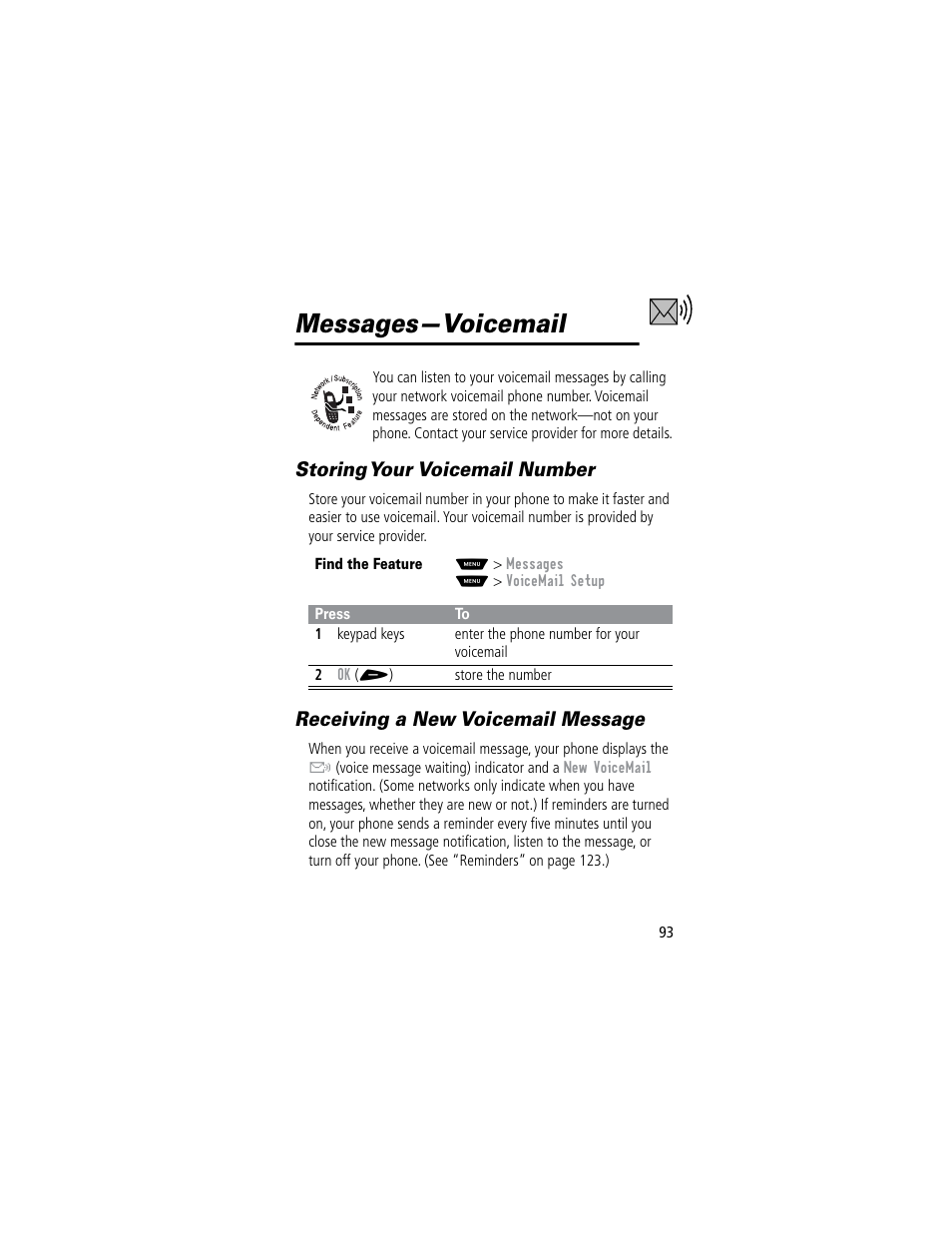 Messages—voicemail, Storing your voicemail number, Receiving a new voicemail message | Motorola 60C User Manual | Page 95 / 190