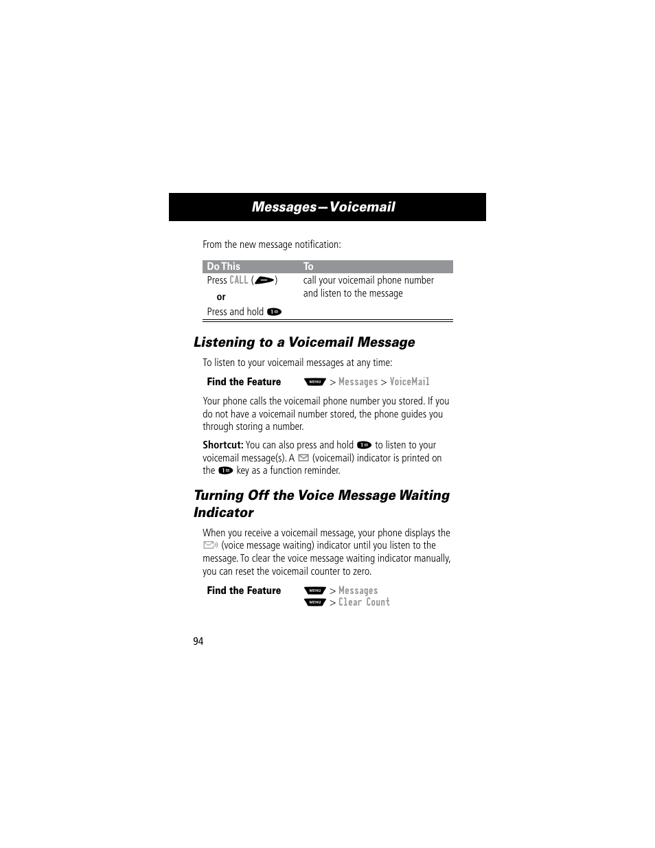 Messages—voicemail, Listening to a voicemail message, Turning off the voice message waiting indicator | Motorola 60C User Manual | Page 96 / 190