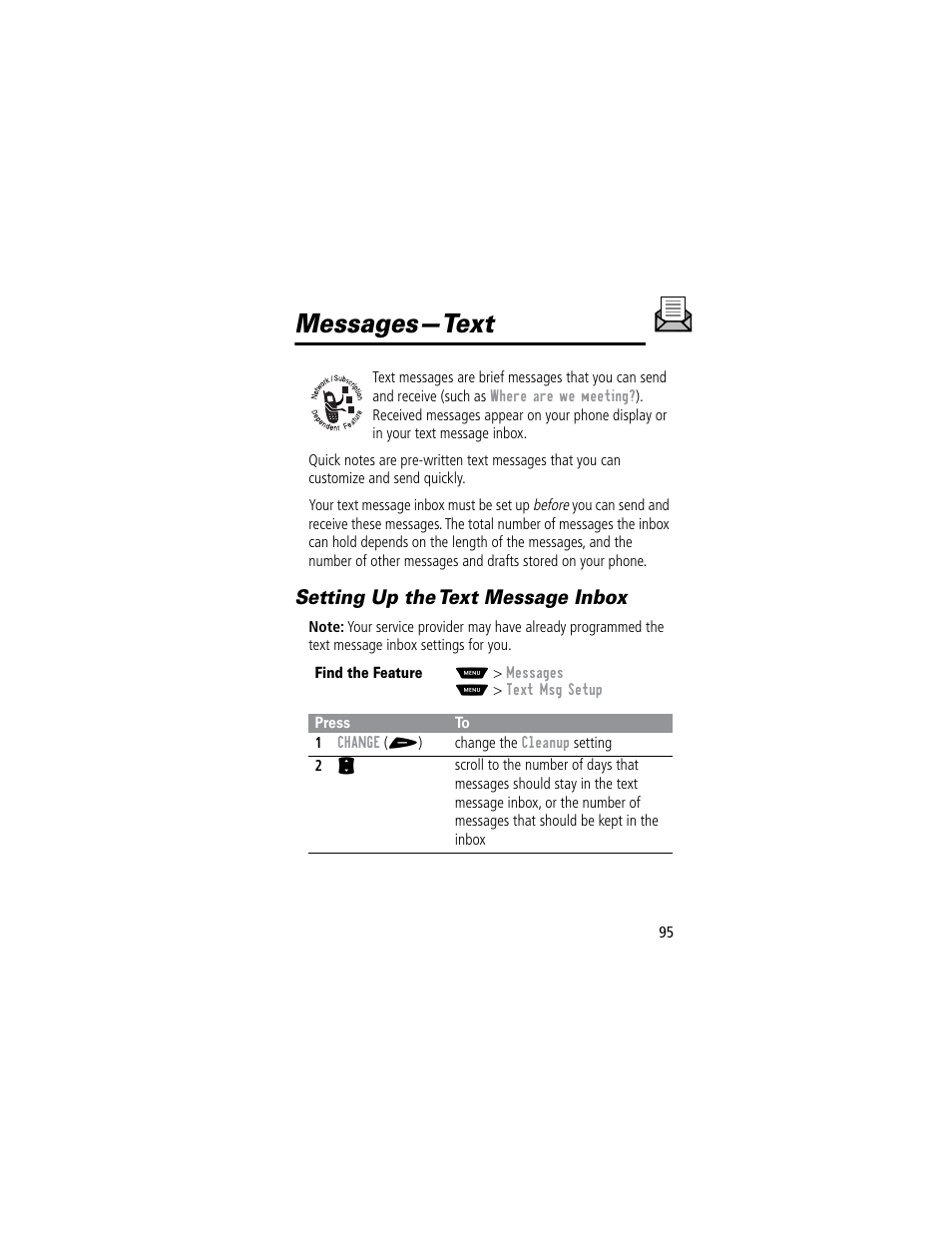 Messages—text, Setting up the text message inbox | Motorola 60C User Manual | Page 97 / 190